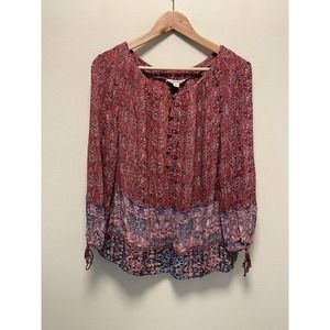 Lucky Brand Womens Peasant Blouse L Floral Popover 3/4 Sleeve Rayon Boho Banded